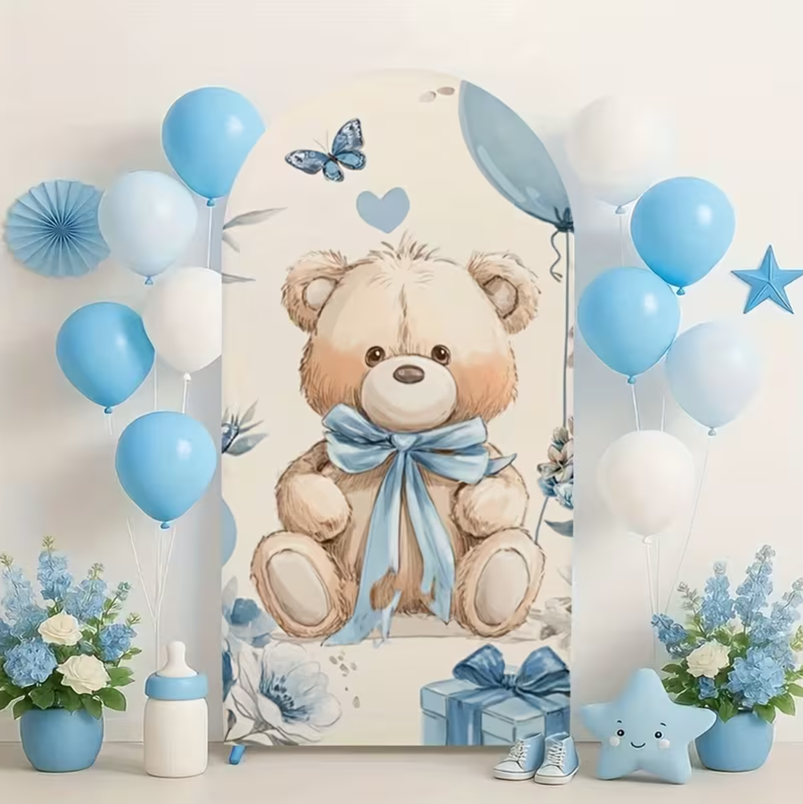 Boogachtergrond beer blauw 180cm